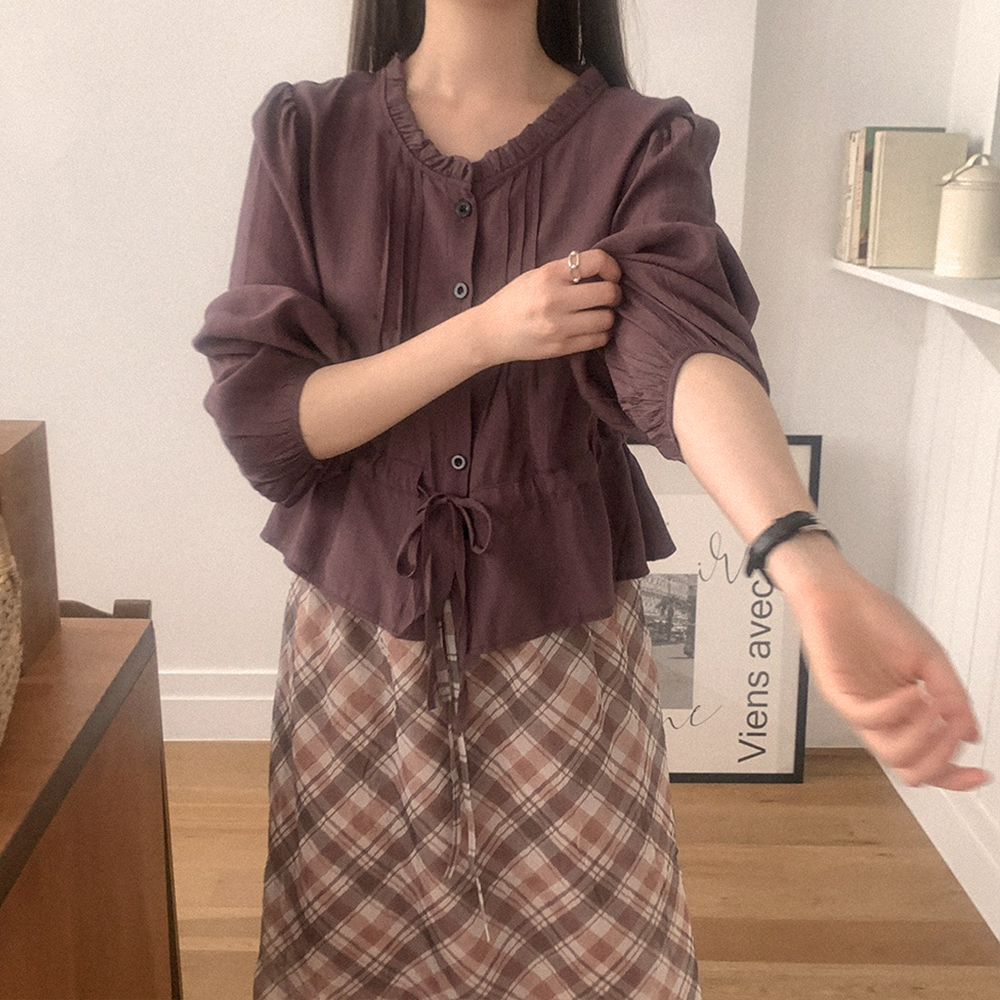 腰部抽繩荷葉領襯衫