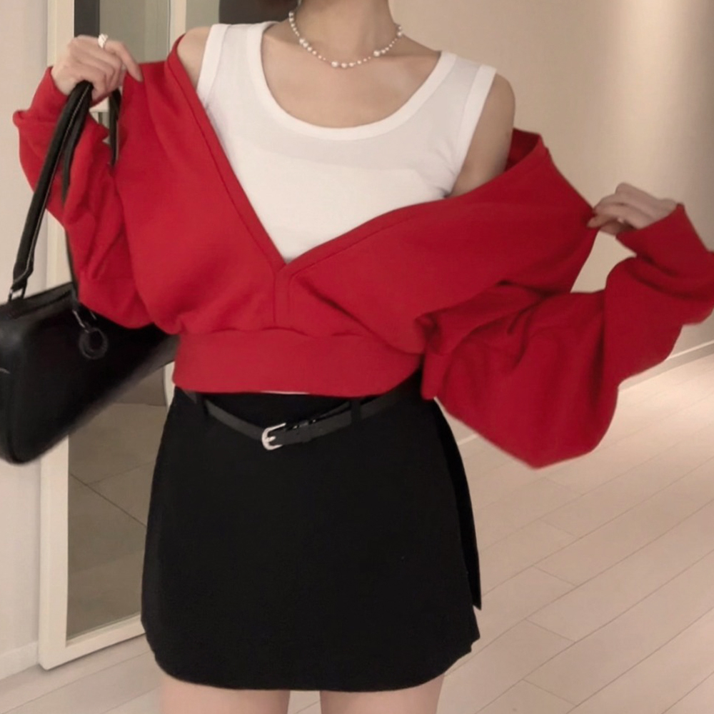 落肩蓬袖兩件式上衣