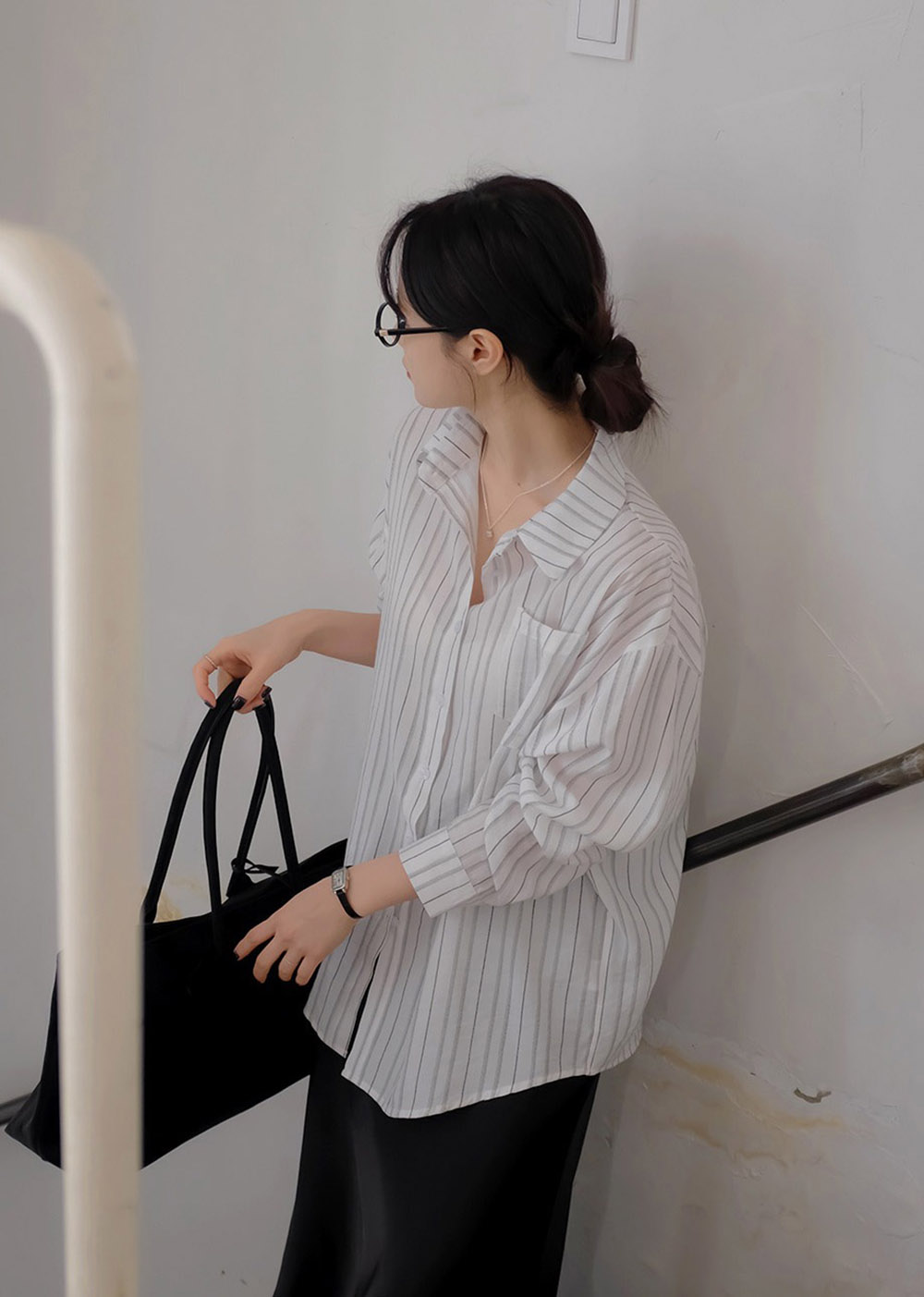 休閒日常棉質條紋襯衫,KOREA,357663,休閒日常棉質條紋襯衫,領500,999免運