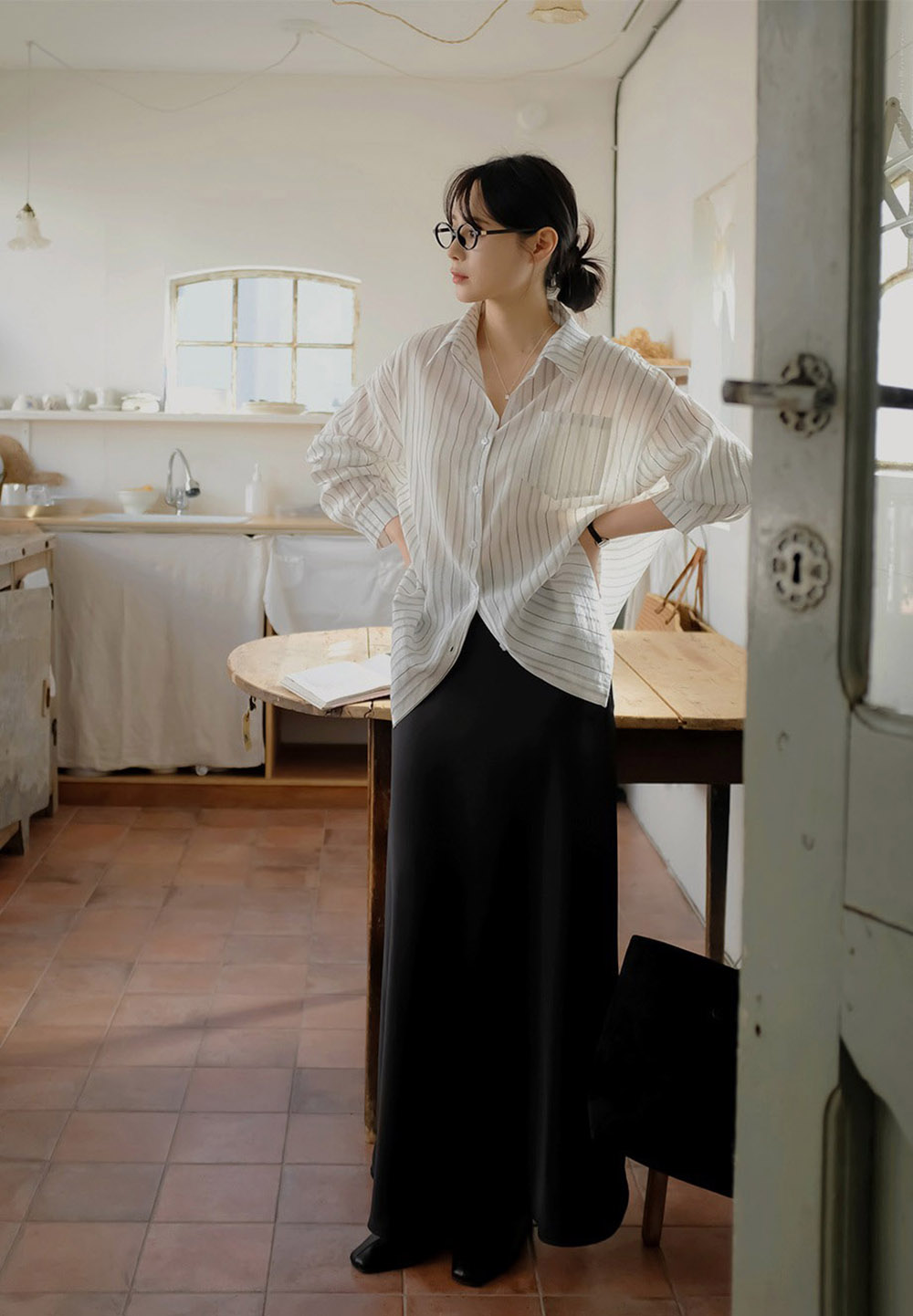 休閒日常棉質條紋襯衫,KOREA,357663,休閒日常棉質條紋襯衫,領500,999免運