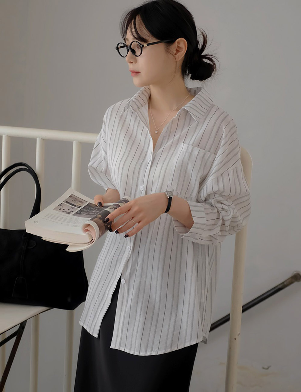 休閒日常棉質條紋襯衫,KOREA,357663,休閒日常棉質條紋襯衫,領500,999免運