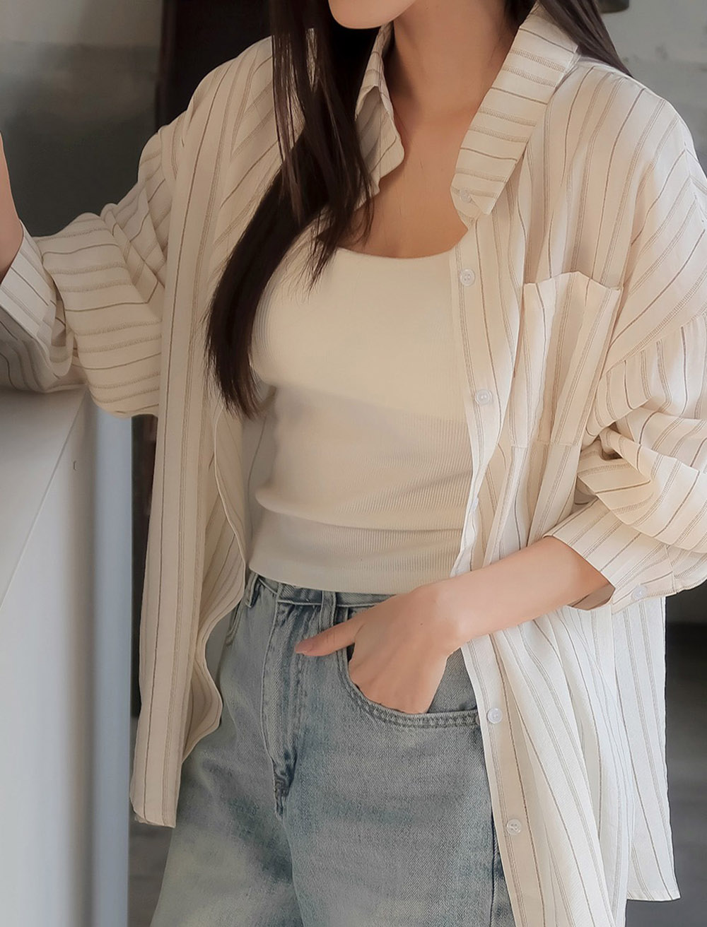 休閒日常棉質條紋襯衫,KOREA,357663,休閒日常棉質條紋襯衫,領500,999免運