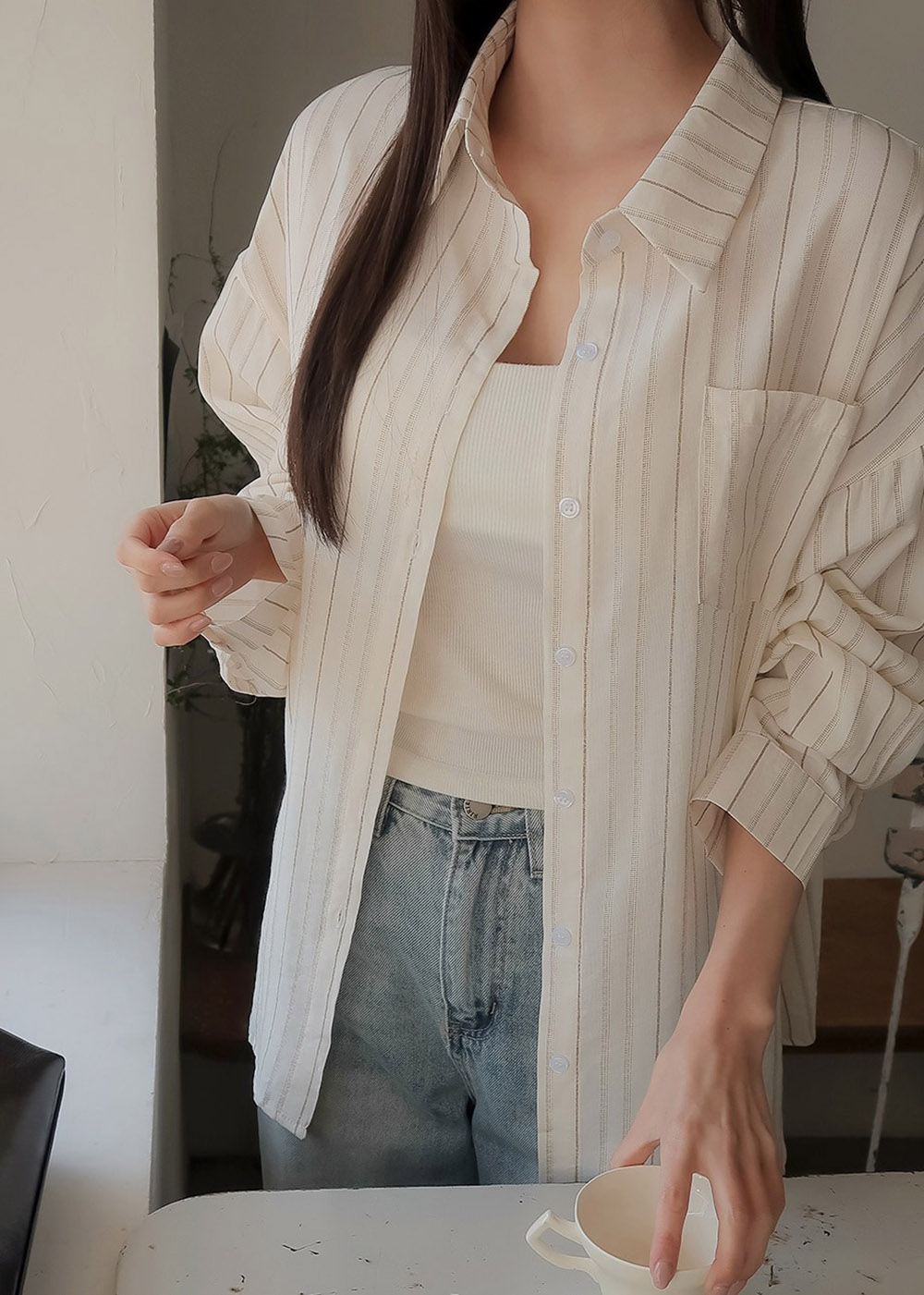 休閒日常棉質條紋襯衫,KOREA,357663,休閒日常棉質條紋襯衫,領500,999免運