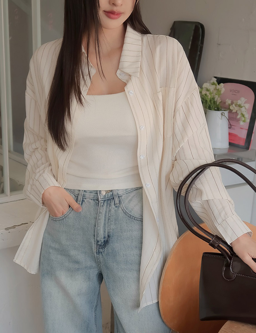 休閒日常棉質條紋襯衫,KOREA,357663,休閒日常棉質條紋襯衫,領500,999免運