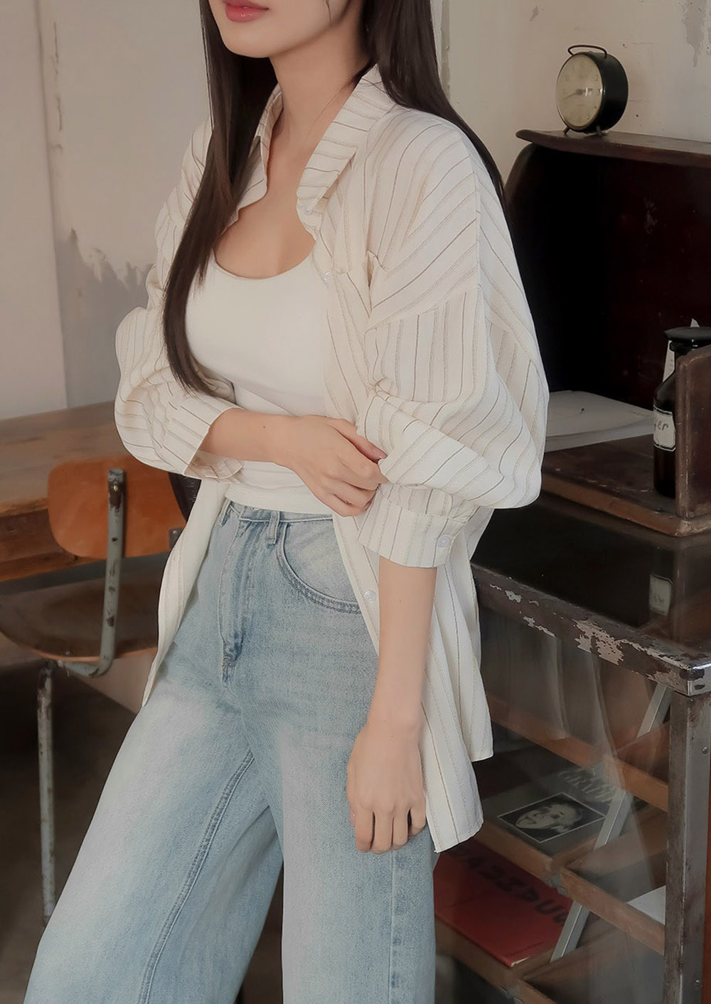 休閒日常棉質條紋襯衫,KOREA,357663,休閒日常棉質條紋襯衫,領500,999免運