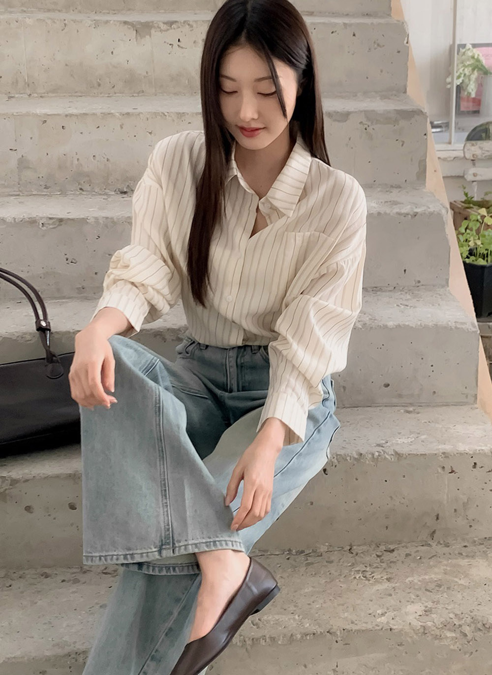 休閒日常棉質條紋襯衫,KOREA,357663,休閒日常棉質條紋襯衫,領500,999免運