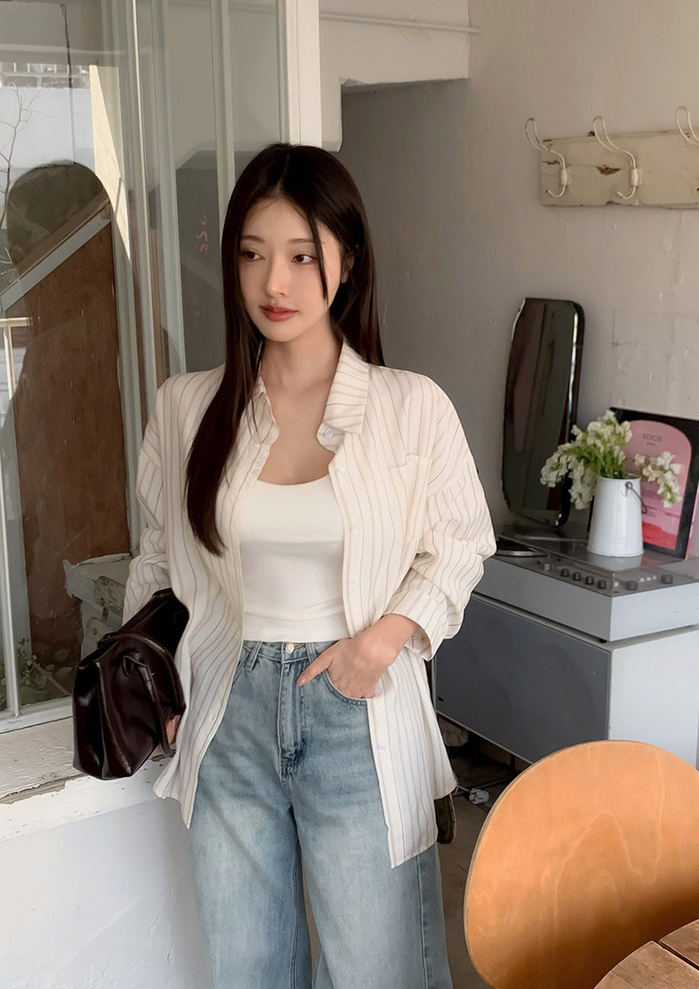 休閒日常棉質條紋襯衫,KOREA,357663,休閒日常棉質條紋襯衫,領500,999免運