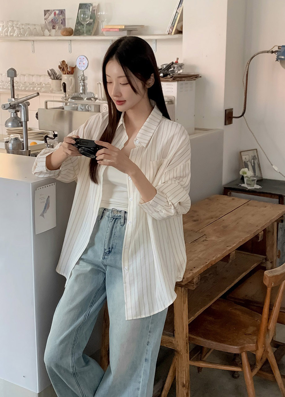 休閒日常棉質條紋襯衫,KOREA,357663,休閒日常棉質條紋襯衫,領500,999免運