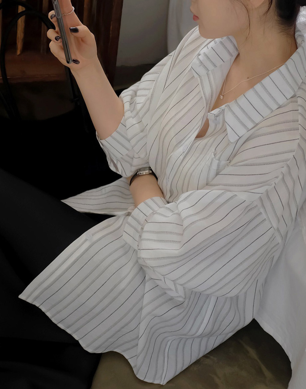 休閒日常棉質條紋襯衫,KOREA,357663,休閒日常棉質條紋襯衫,領500,999免運