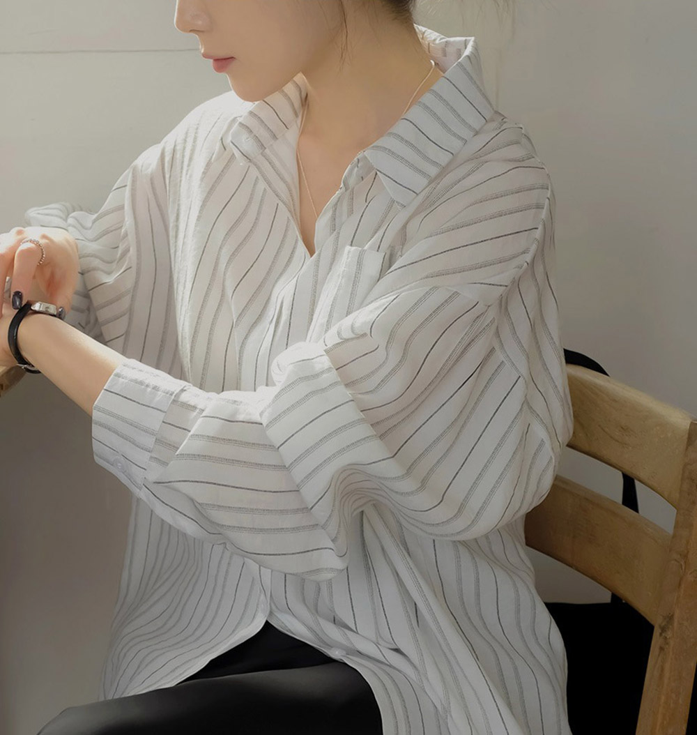 休閒日常棉質條紋襯衫,KOREA,357663,休閒日常棉質條紋襯衫,領500,999免運