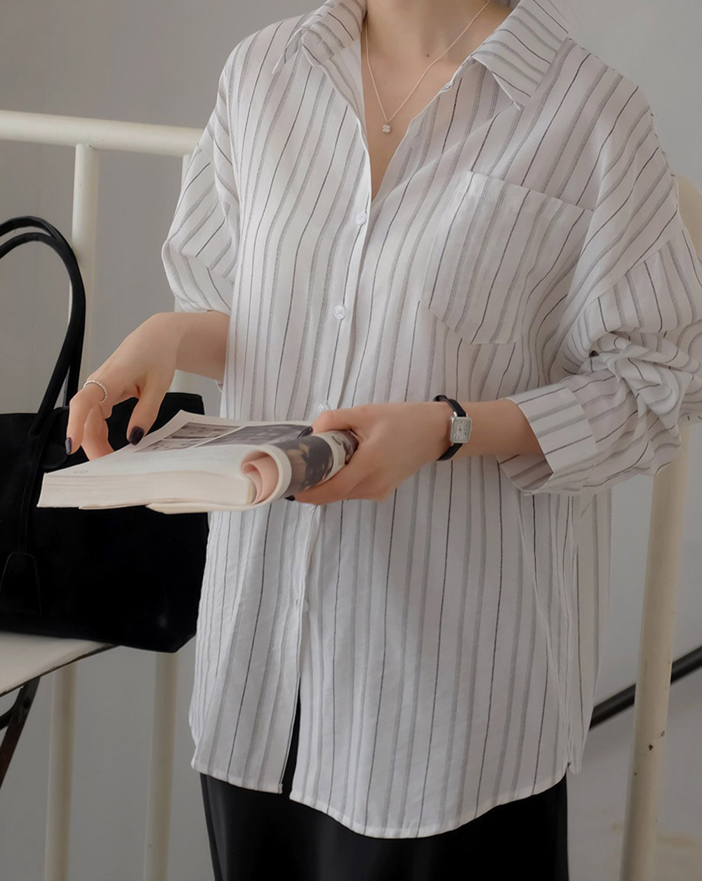 休閒日常棉質條紋襯衫,KOREA,357663,休閒日常棉質條紋襯衫,領500,999免運