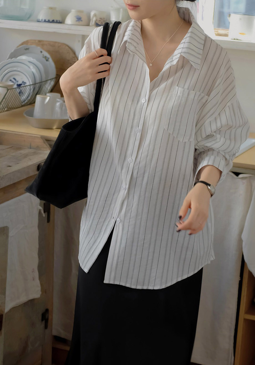 休閒日常棉質條紋襯衫,KOREA,357663,休閒日常棉質條紋襯衫,領500,999免運