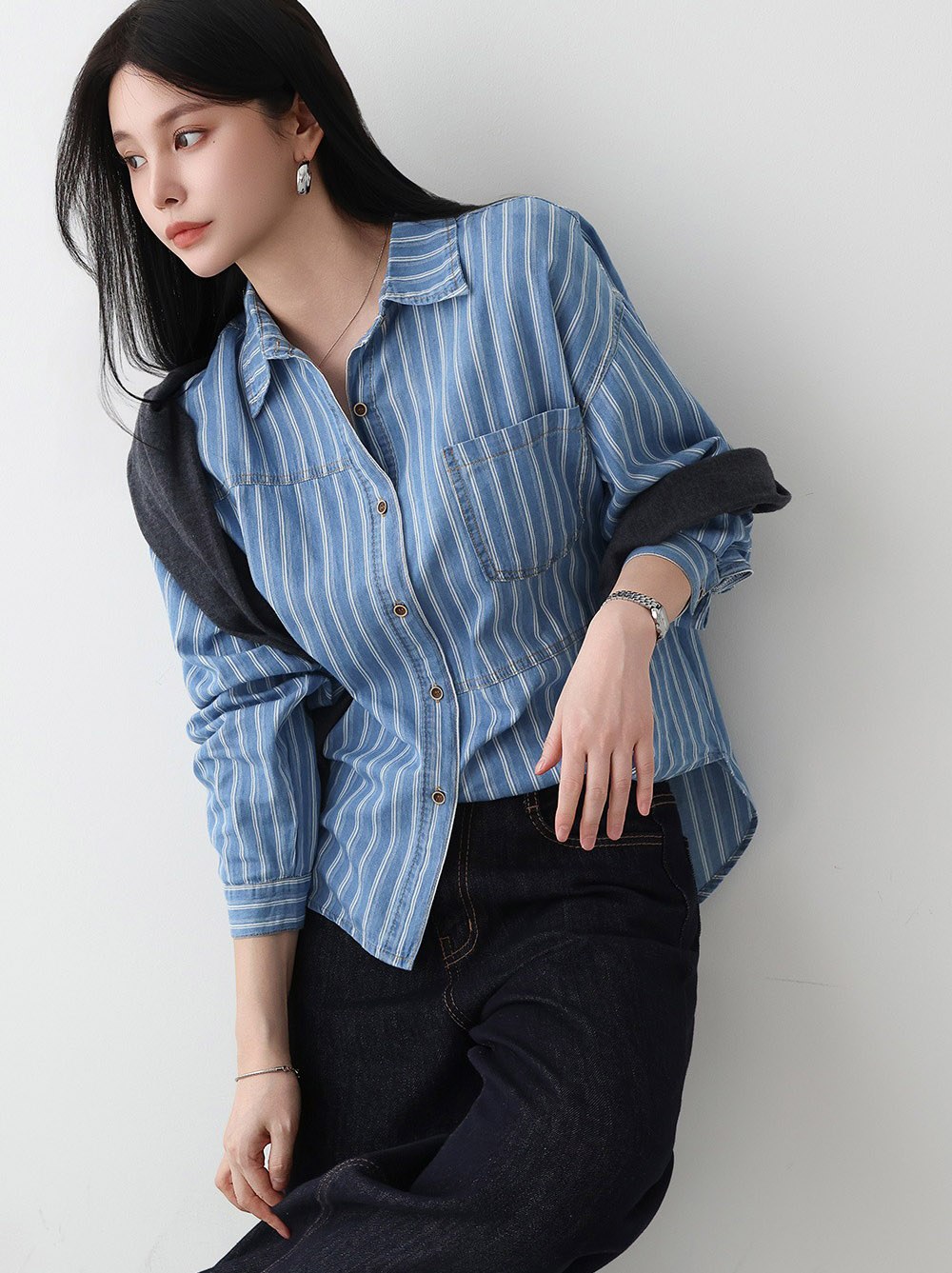 休閒復古感條紋襯衫,KOREA,357668,休閒復古感條紋襯衫,周新品優惠,NEWARRIVAL