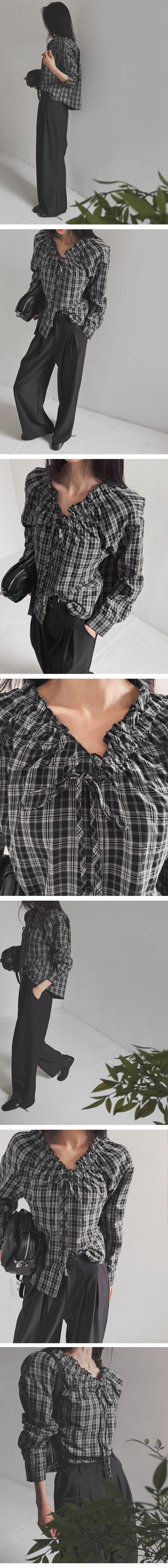 荷葉V領綁帶格紋襯衫,KOREA,357778,荷葉V領綁帶格紋襯衫,周新品優惠,NEWARRIVAL