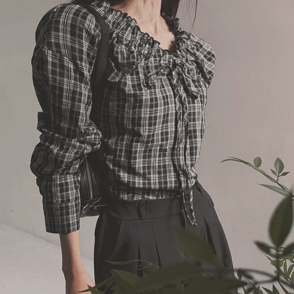 荷葉V領綁帶格紋襯衫