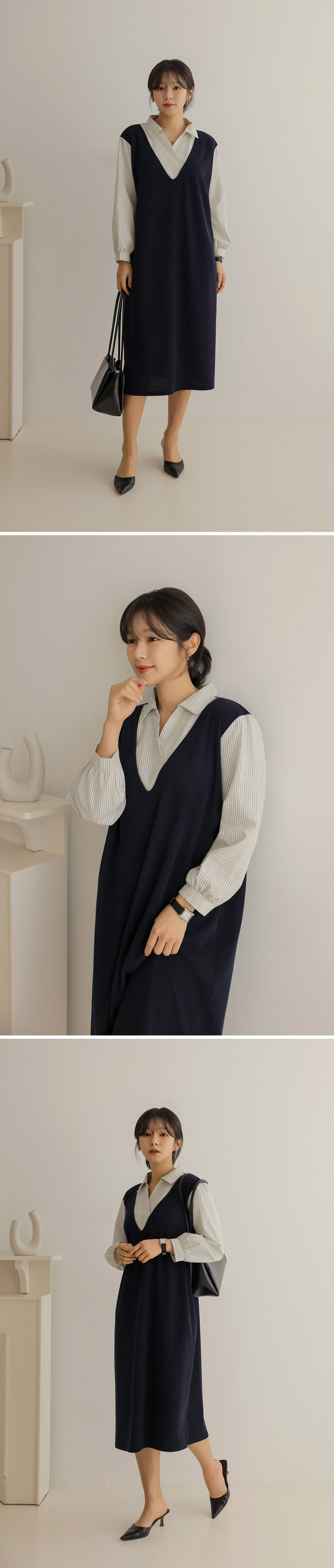 氣質假兩件襯衫領洋裝,KOREA,357845,氣質假兩件襯衫領洋裝,領500,999免運