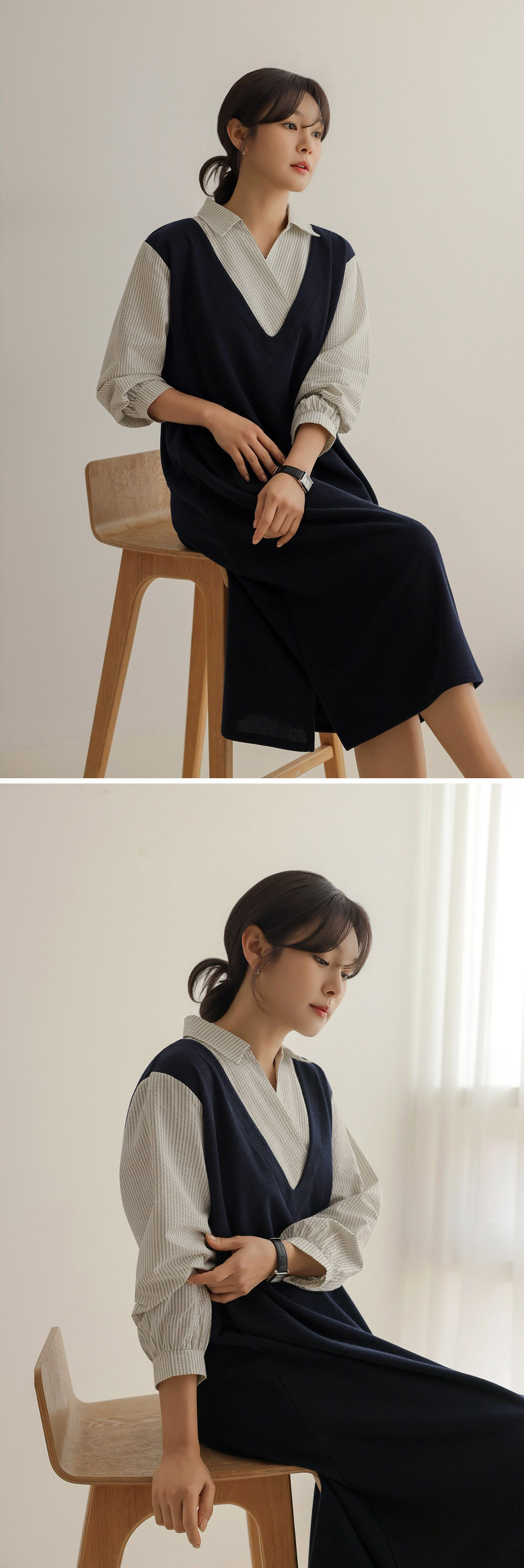 氣質假兩件襯衫領洋裝,KOREA,357845,氣質假兩件襯衫領洋裝,領500,999免運