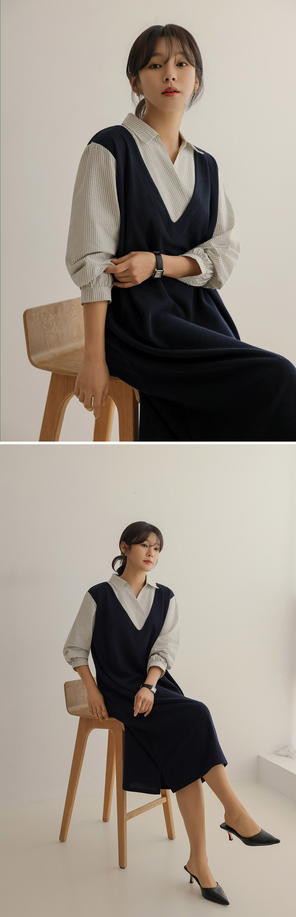 氣質假兩件襯衫領洋裝,KOREA,357845,氣質假兩件襯衫領洋裝,領500,999免運