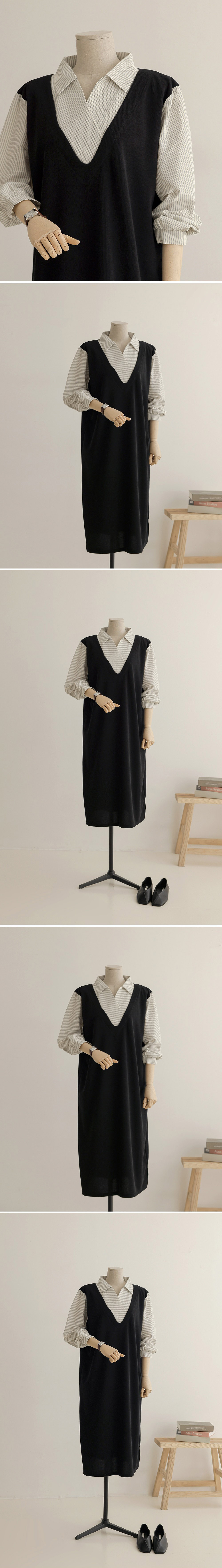 氣質假兩件襯衫領洋裝,KOREA,357845,氣質假兩件襯衫領洋裝,領500,999免運