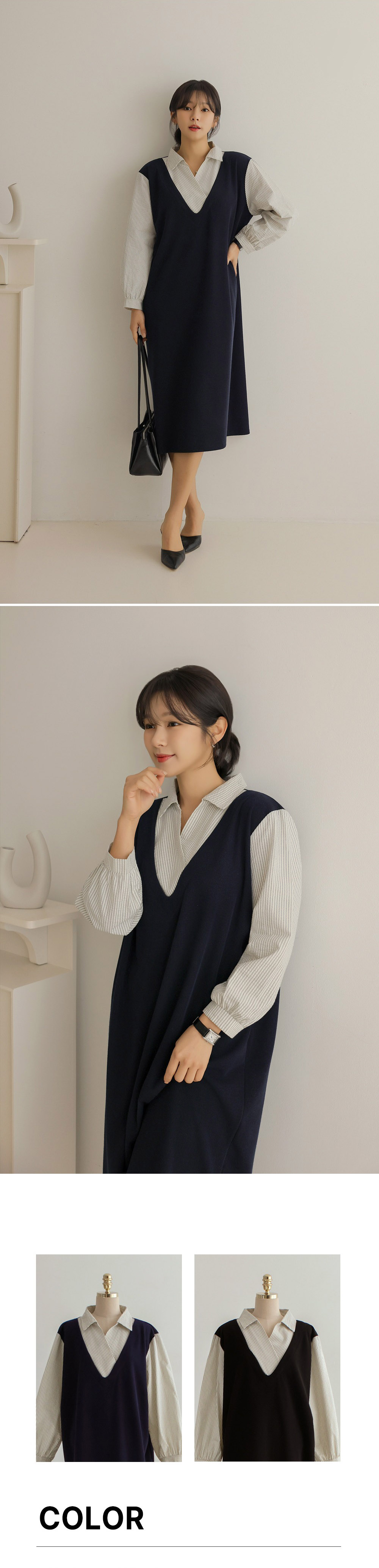 氣質假兩件襯衫領洋裝,KOREA,357845,氣質假兩件襯衫領洋裝,領500,999免運
