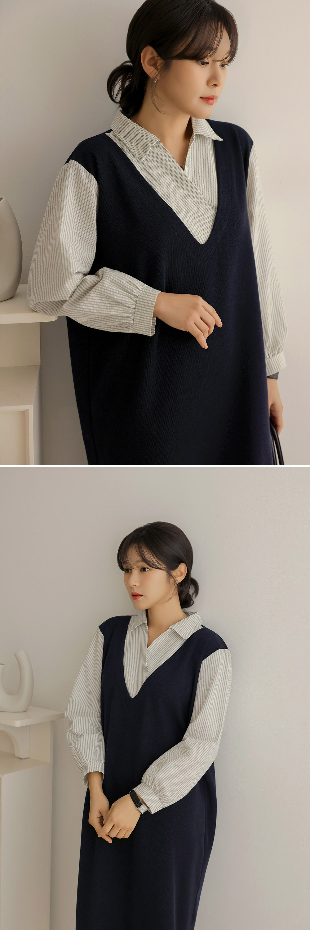 氣質假兩件襯衫領洋裝,KOREA,357845,氣質假兩件襯衫領洋裝,領500,999免運