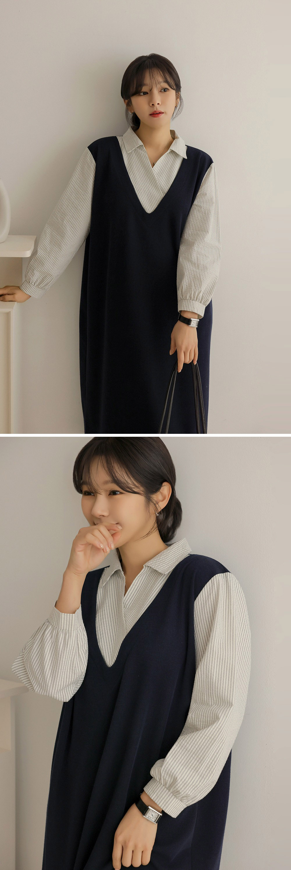 氣質假兩件襯衫領洋裝,KOREA,357845,氣質假兩件襯衫領洋裝,領500,999免運