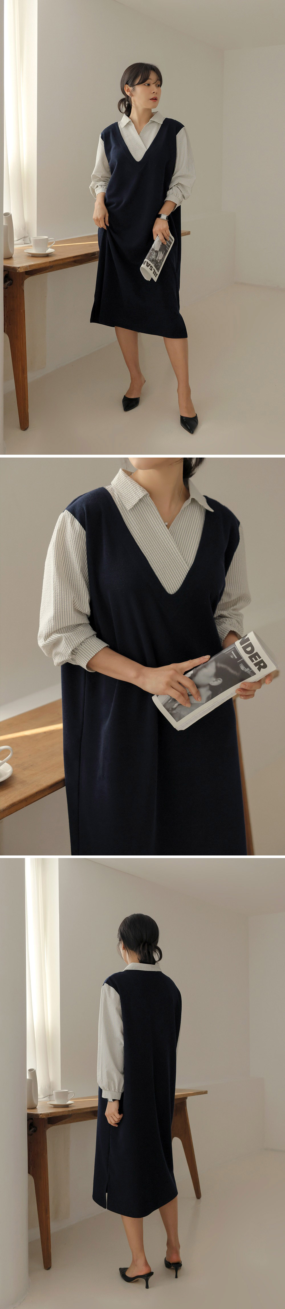 氣質假兩件襯衫領洋裝,KOREA,357845,氣質假兩件襯衫領洋裝,領500,999免運