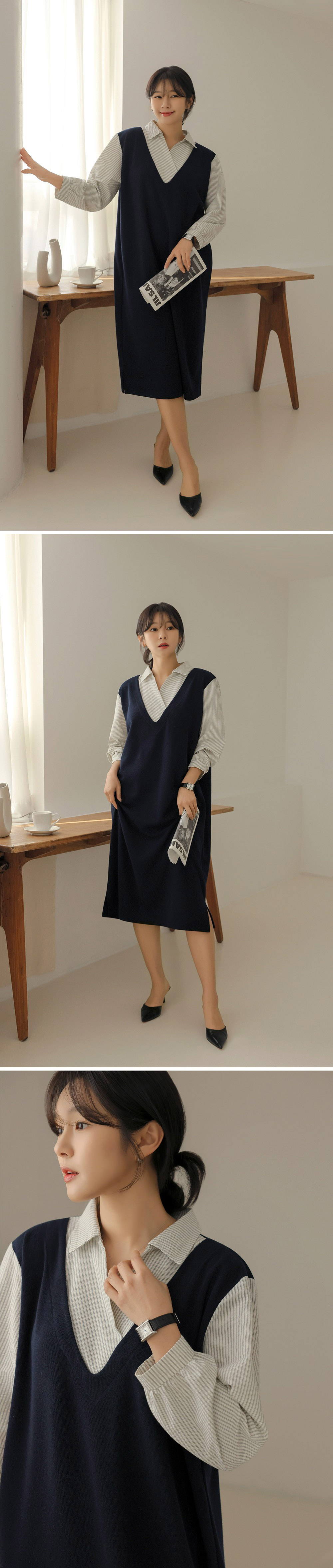 氣質假兩件襯衫領洋裝,KOREA,357845,氣質假兩件襯衫領洋裝,領500,999免運