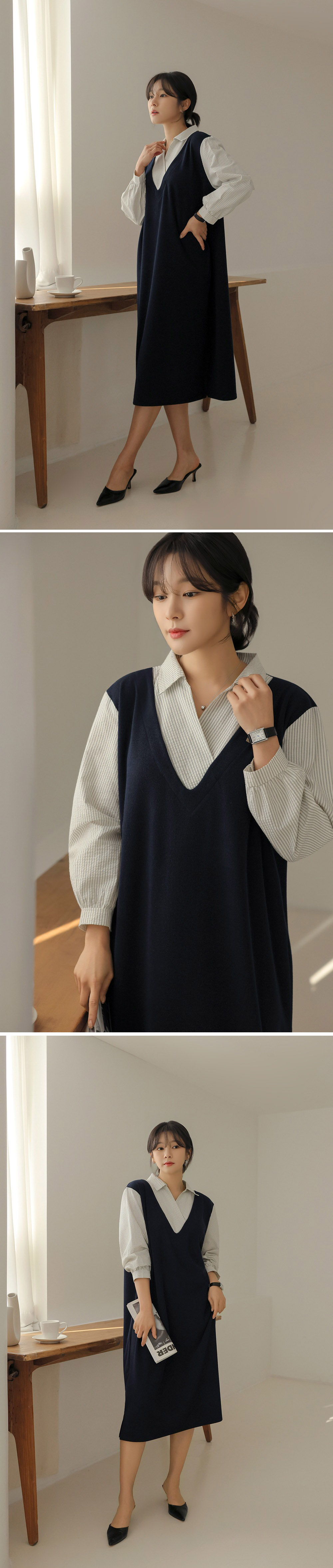 氣質假兩件襯衫領洋裝,KOREA,357845,氣質假兩件襯衫領洋裝,領500,999免運