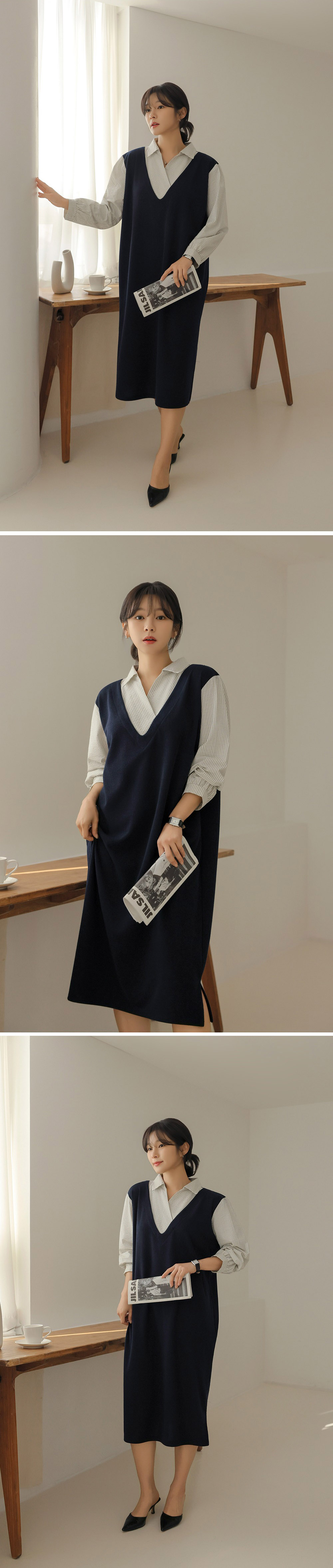 氣質假兩件襯衫領洋裝,KOREA,357845,氣質假兩件襯衫領洋裝,領500,999免運