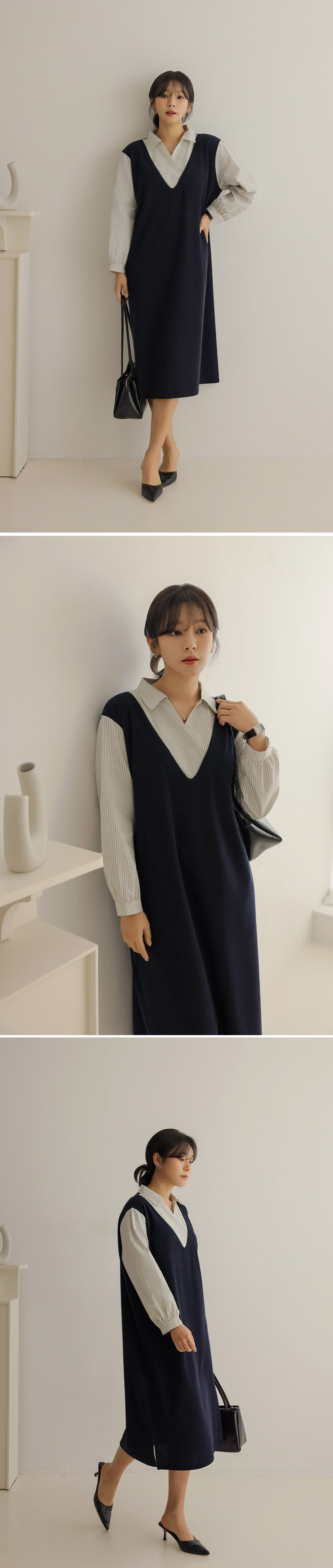 氣質假兩件襯衫領洋裝,KOREA,357845,氣質假兩件襯衫領洋裝,領500,999免運