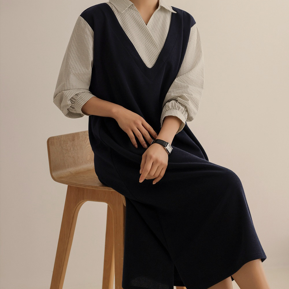 氣質假兩件襯衫領洋裝