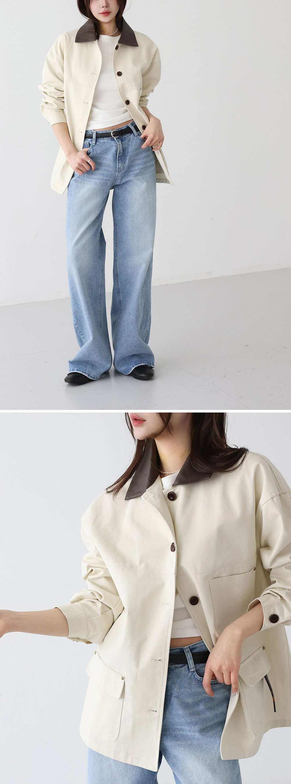 皮革撞色領夾克外套,KOREA,357957,皮革撞色領夾克外套,領500,999免運