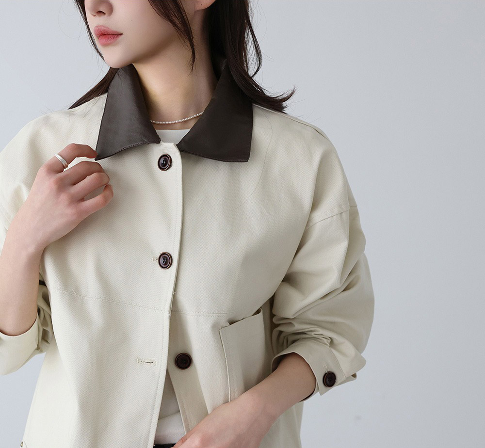 皮革撞色領夾克外套,KOREA,357957,皮革撞色領夾克外套,領500,999免運