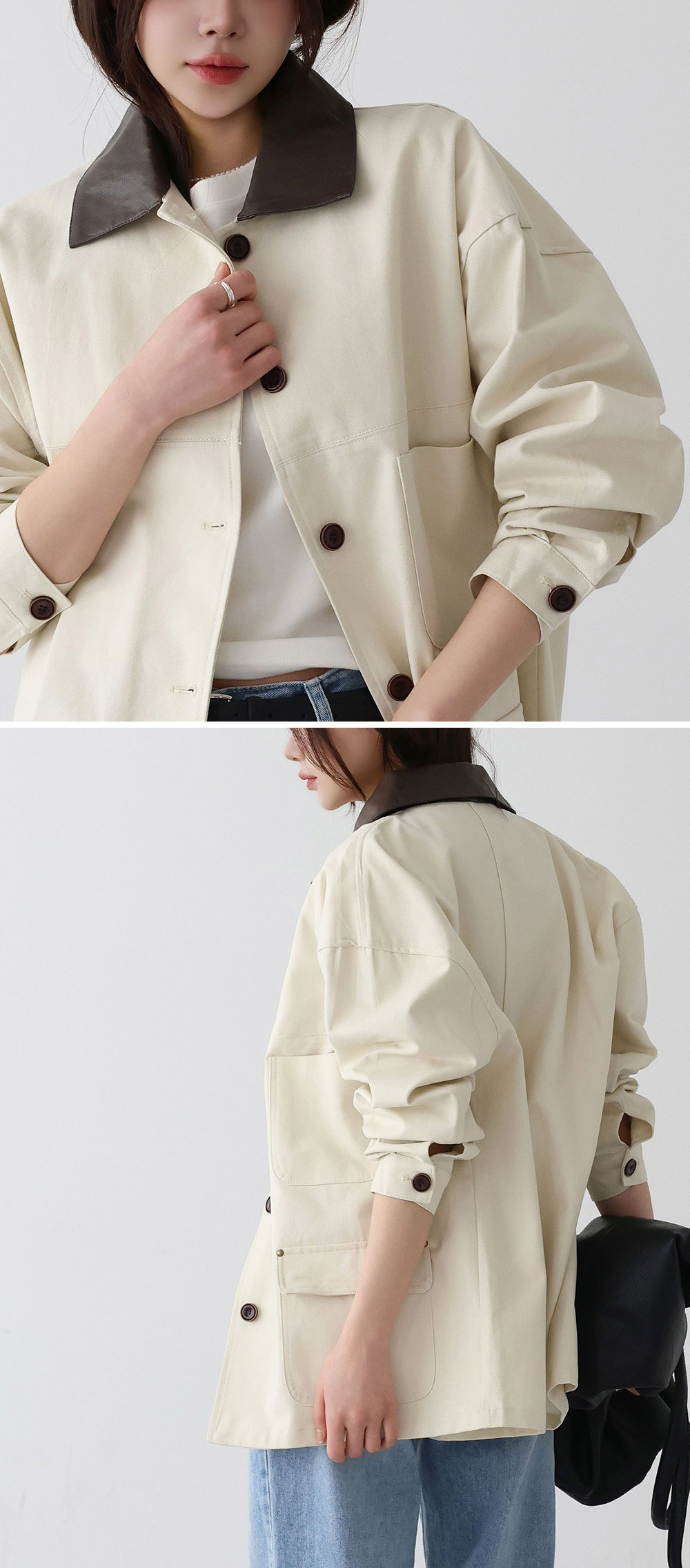 皮革撞色領夾克外套,KOREA,357957,皮革撞色領夾克外套,領500,999免運