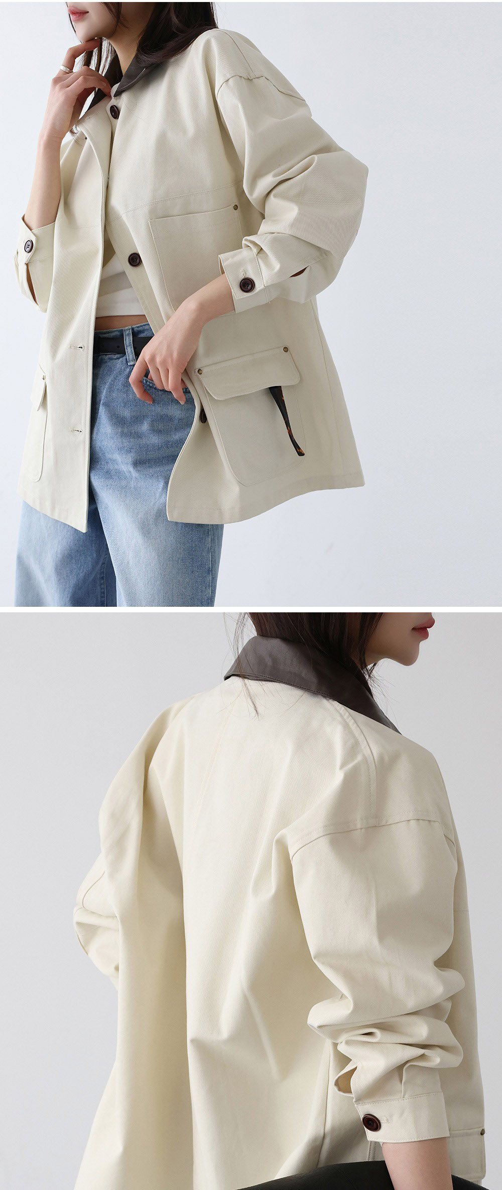 皮革撞色領夾克外套,KOREA,357957,皮革撞色領夾克外套,領500,999免運