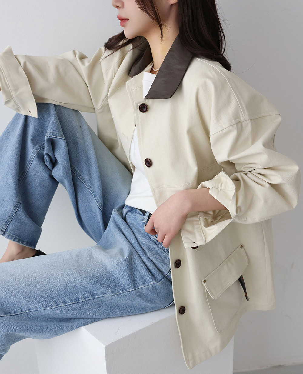 皮革撞色領夾克外套,KOREA,357957,皮革撞色領夾克外套,領500,999免運