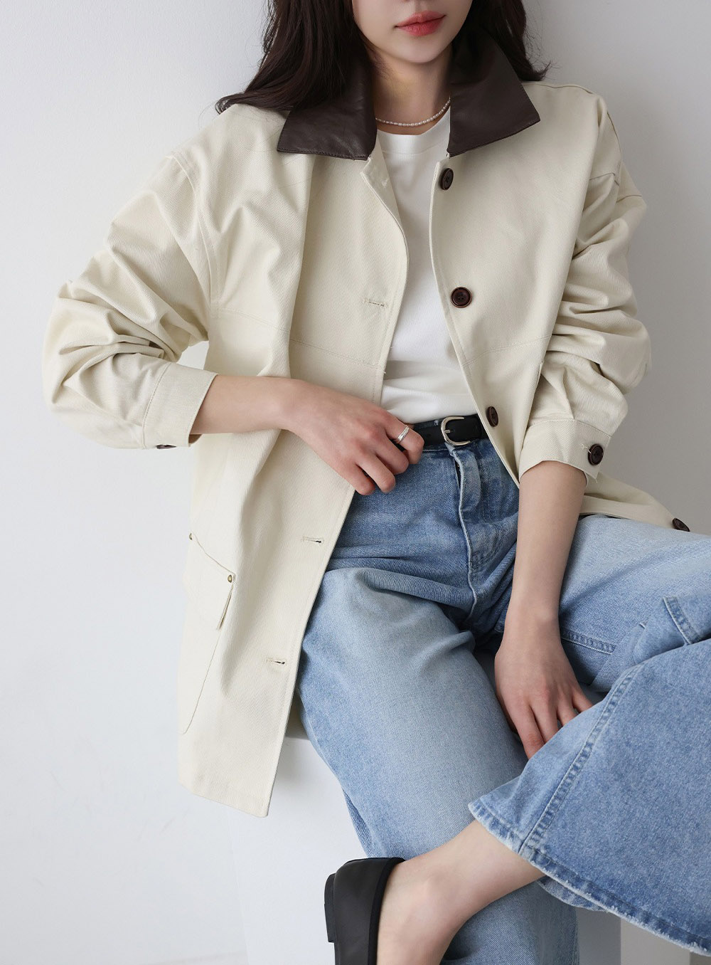 皮革撞色領夾克外套,KOREA,357957,皮革撞色領夾克外套,領500,999免運