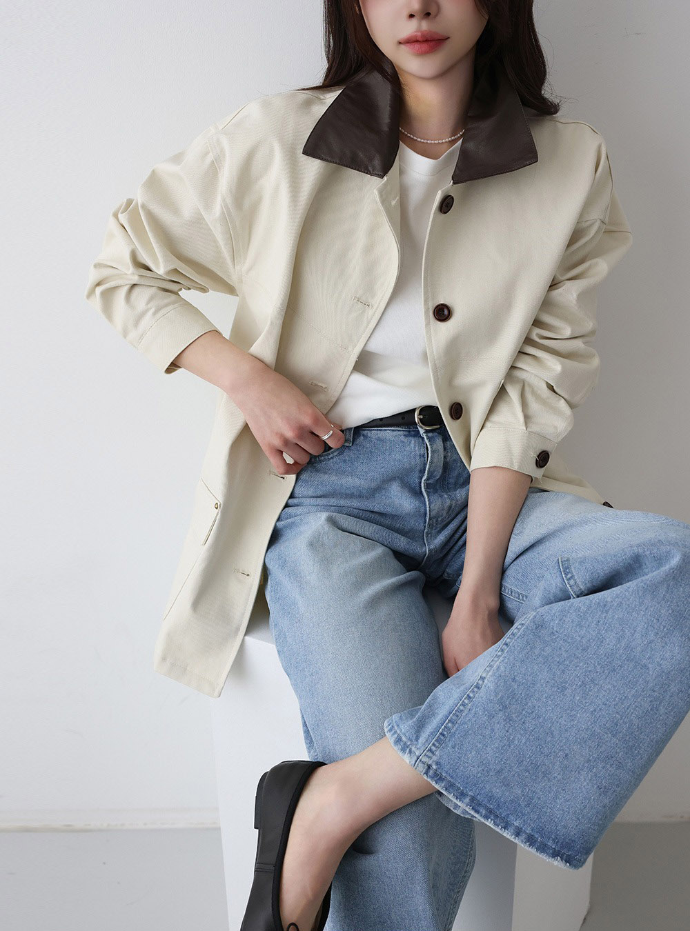 皮革撞色領夾克外套,KOREA,357957,皮革撞色領夾克外套,領500,999免運