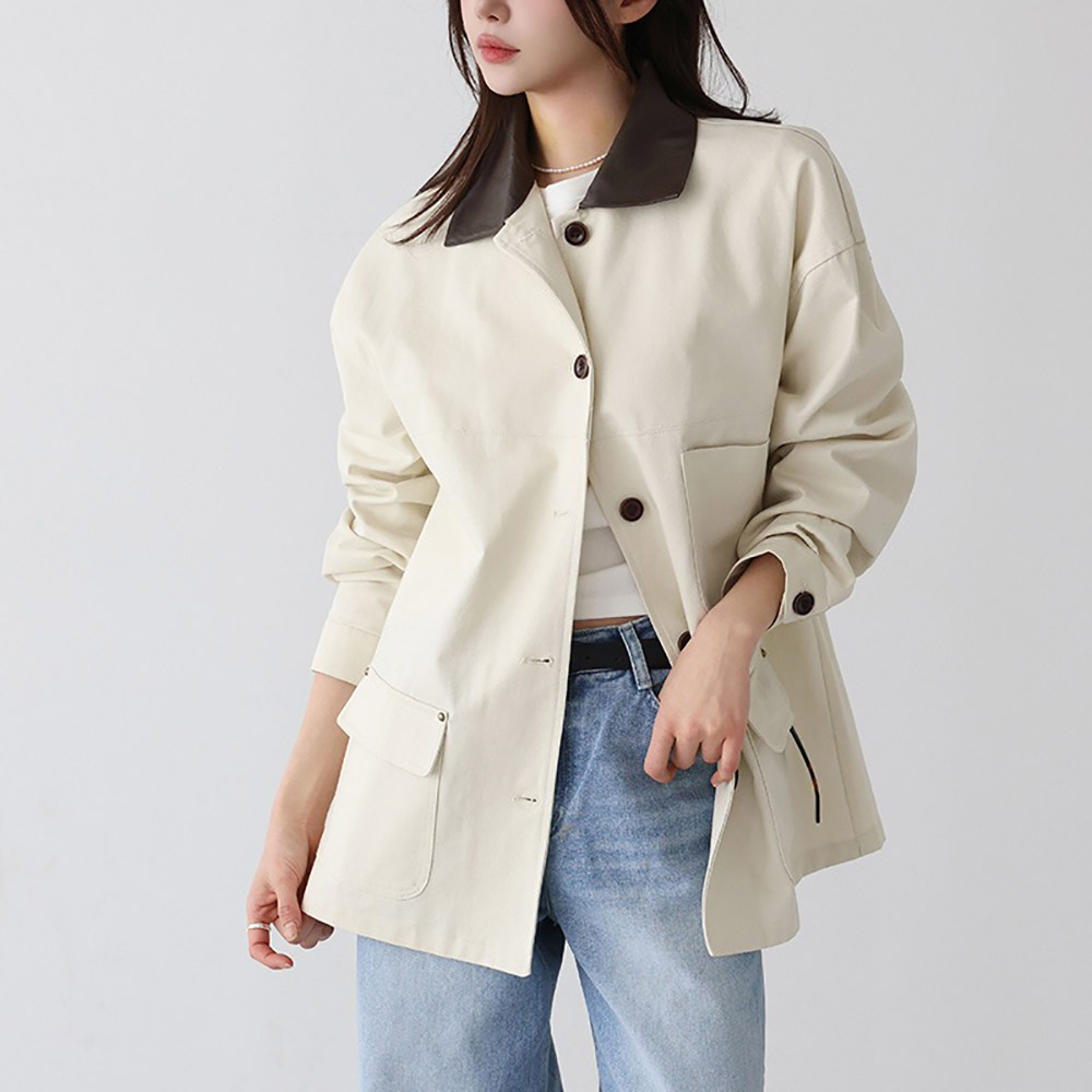 皮革撞色領夾克外套,KOREA,357957,皮革撞色領夾克外套,領500,999免運