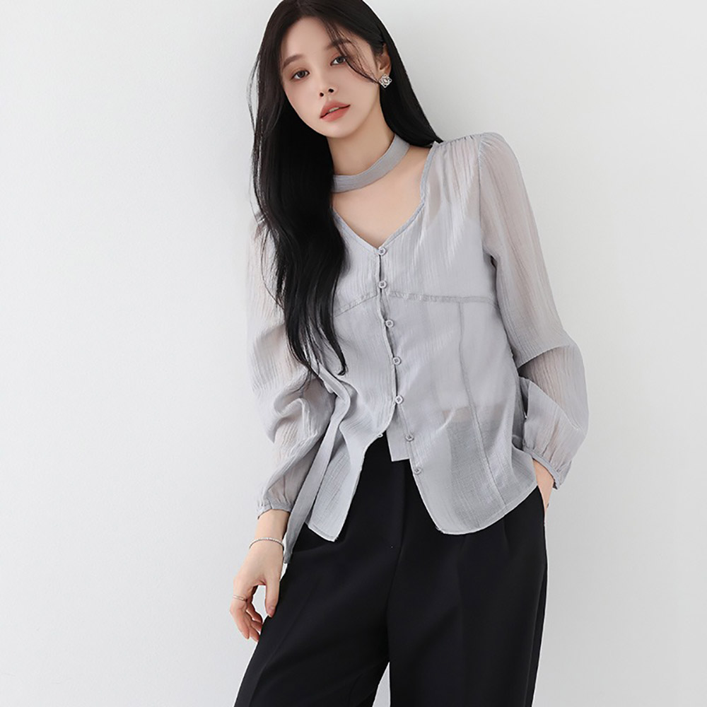 氣質輕盈微透領巾襯衫,KOREA,357962,氣質輕盈微透領巾襯衫,領500,999免運