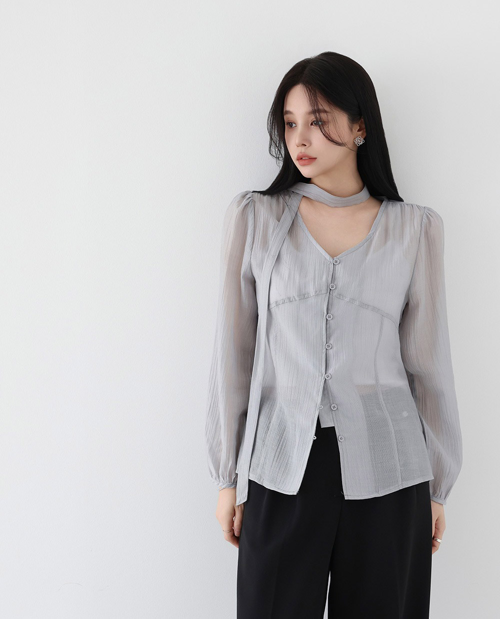 氣質輕盈微透領巾襯衫,KOREA,357962,氣質輕盈微透領巾襯衫,領500,999免運