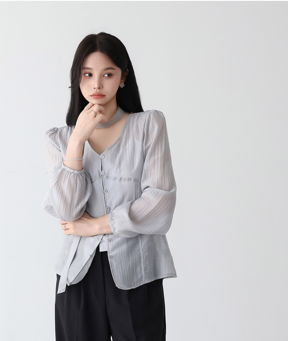 氣質輕盈微透領巾襯衫,KOREA,357962,氣質輕盈微透領巾襯衫,領500,999免運