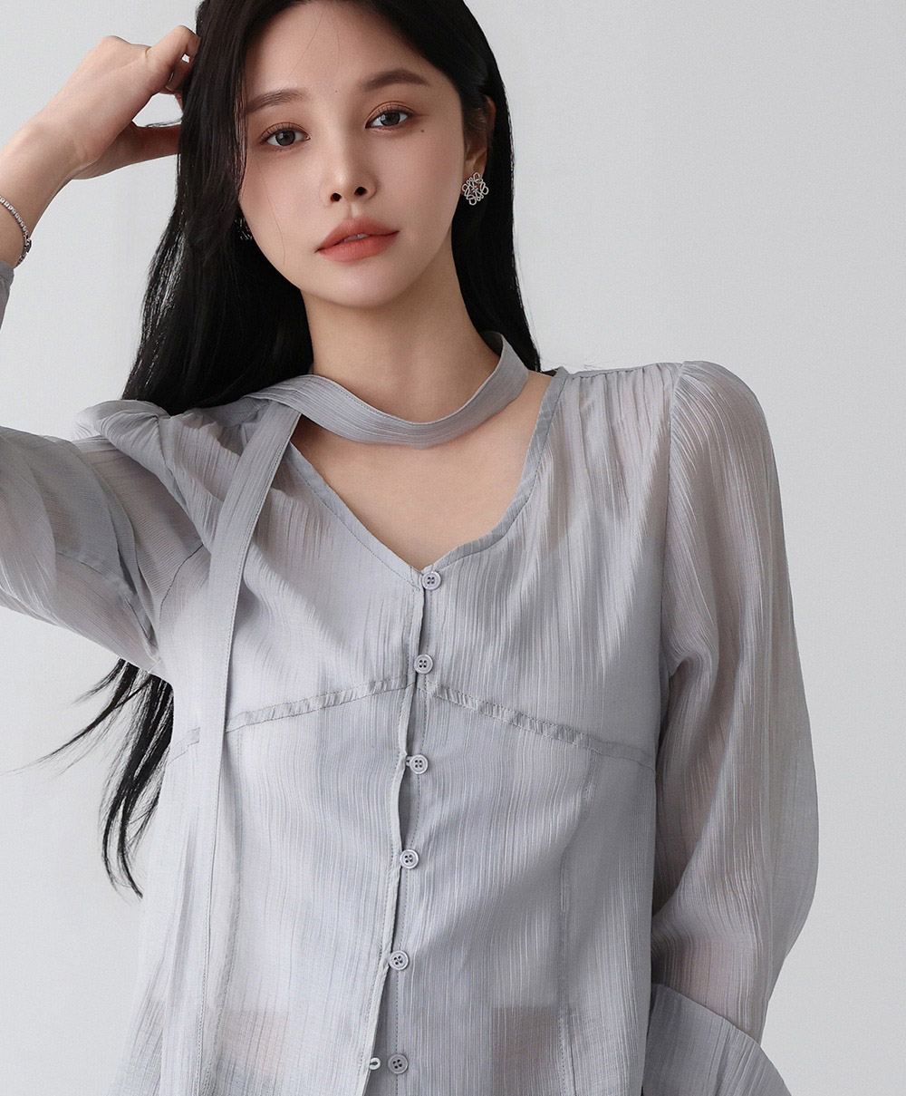 氣質輕盈微透領巾襯衫,KOREA,357962,氣質輕盈微透領巾襯衫,領500,999免運