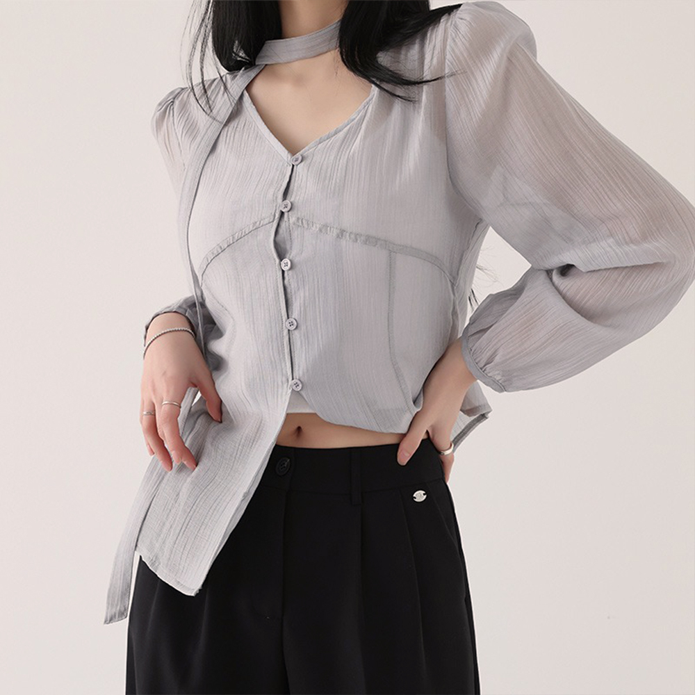 氣質輕盈微透領巾襯衫