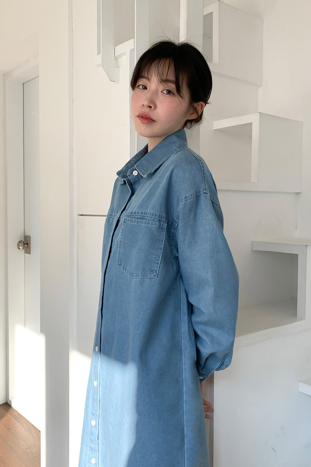 牛仔布襯衫領綁帶洋裝,KOREA,358122,牛仔布襯衫領綁帶洋裝,領500,999免運