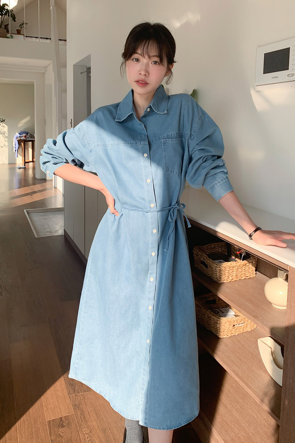 牛仔布襯衫領綁帶洋裝,KOREA,358122,牛仔布襯衫領綁帶洋裝,領500,999免運