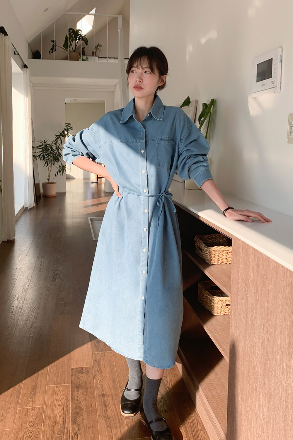 牛仔布襯衫領綁帶洋裝,KOREA,358122,牛仔布襯衫領綁帶洋裝,領500,999免運