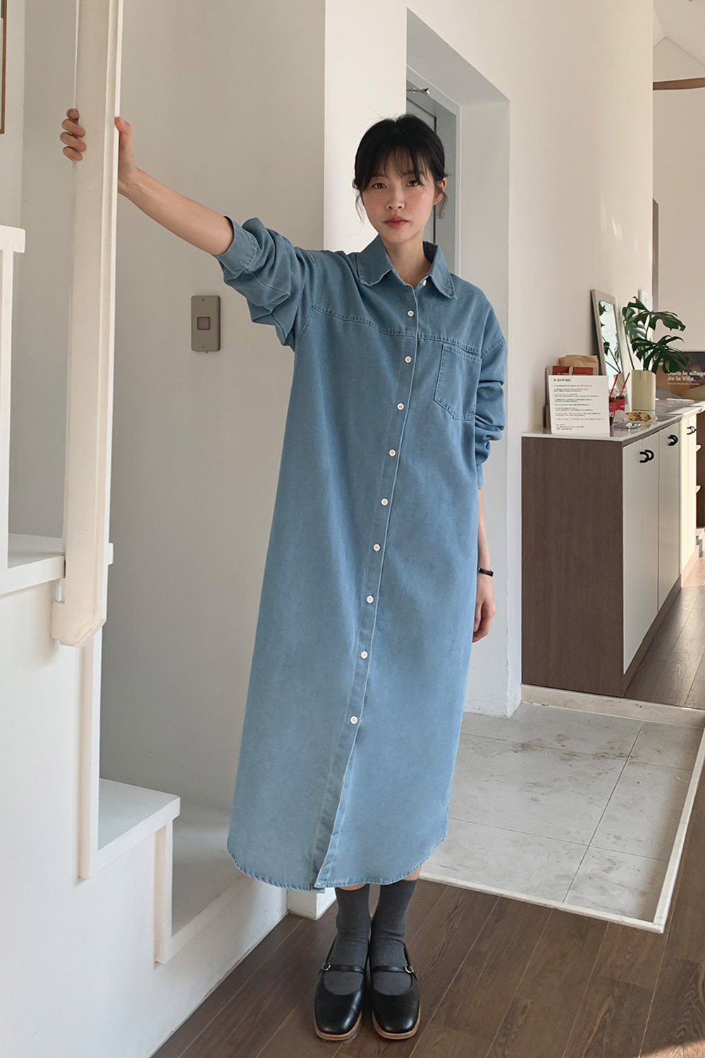 牛仔布襯衫領綁帶洋裝,KOREA,358122,牛仔布襯衫領綁帶洋裝,領500,999免運