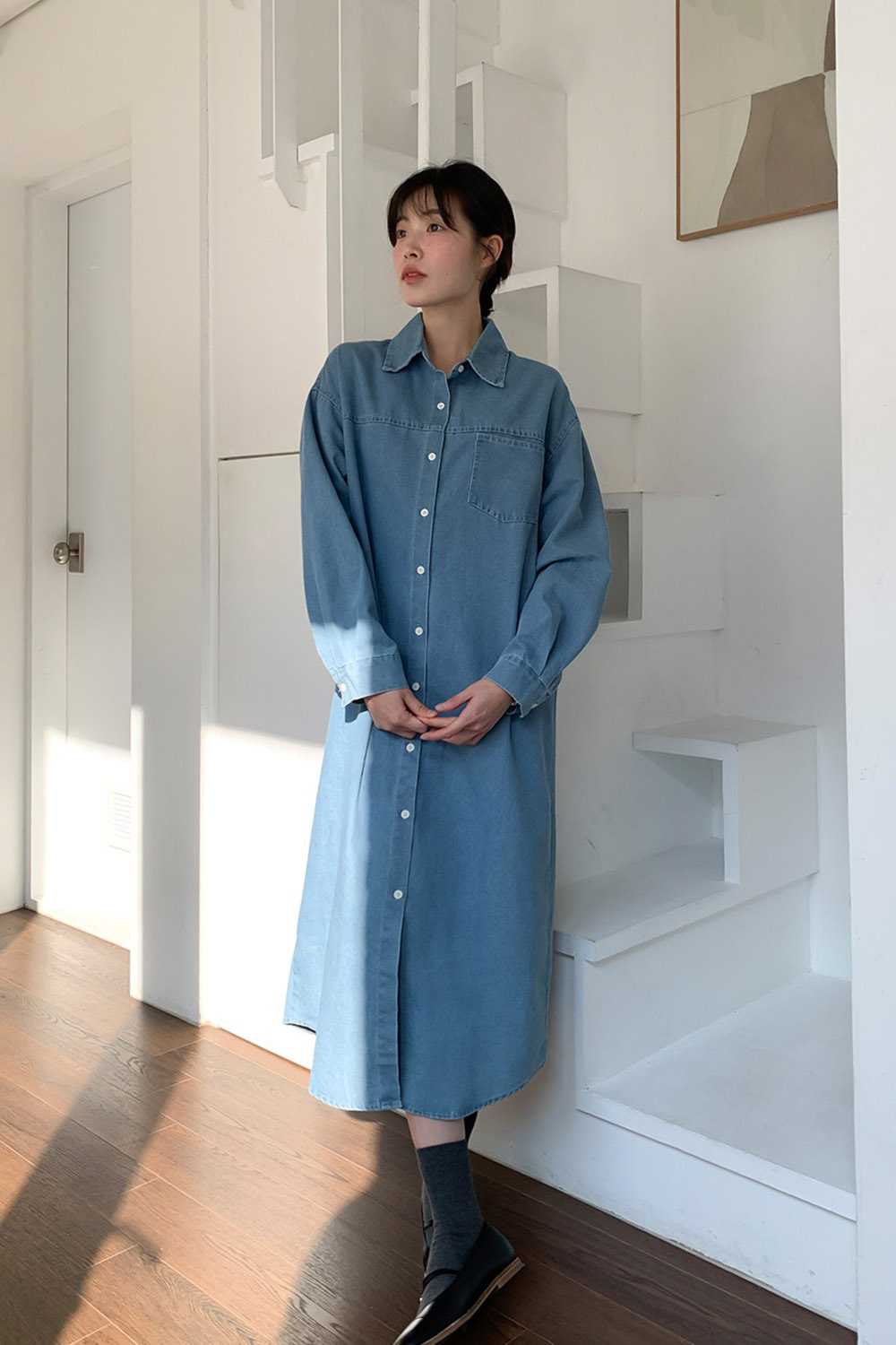 牛仔布襯衫領綁帶洋裝,KOREA,358122,牛仔布襯衫領綁帶洋裝,領500,999免運